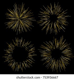 Gold fireworks Radiating from the center of thin beams, lines. Vector illustration. Dynamic style. Abstract explosion, speed motion lines from the middle, radiating sharp