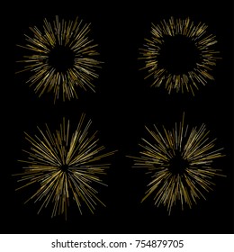 Gold fireworks Radiating from the center of thin beams, lines. Vector illustration. Dynamic style. Abstract explosion, speed motion lines from the middle, radiating sharp