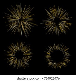 Gold fireworks Radiating from the center of thin beams, lines. Vector illustration. Dynamic style. Abstract explosion, speed motion lines from the middle, radiating sharp