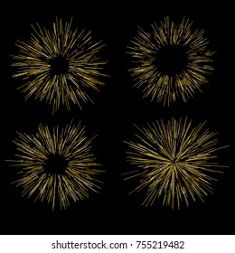 Gold fireworks Radiating from the center of thin beams, lines. Vector illustration. Dynamic style. Abstract explosion, speed motion lines from the middle, radiating sharp