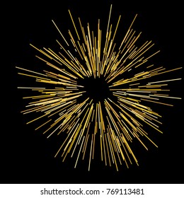 Gold fireworks Radiating from the center of thin beams, lines. Vector illustration. Dynamic style. Abstract explosion, speed motion lines from the middle, radiating sharp