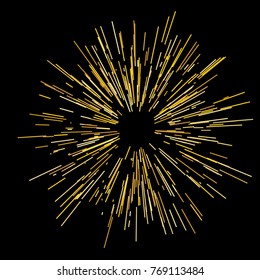 Gold fireworks Radiating from the center of thin beams, lines. Vector illustration. Dynamic style. Abstract explosion, speed motion lines from the middle, radiating sharp