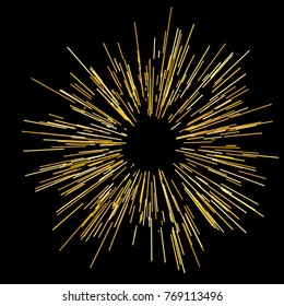 Gold fireworks Radiating from the center of thin beams, lines. Vector illustration. Dynamic style. Abstract explosion, speed motion lines from the middle, radiating sharp