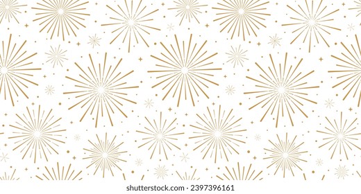 Fuegos artificiales de oro sin fisuras vectoriales repetidos fondo solar con estrellas, elegante diseño de banner, papel tapiz de vacaciones o huella textil