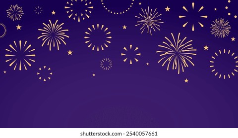 Fogos de artifício dourados e estrelas em fundo roxo