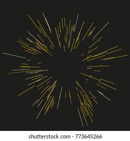 Gold fireworks. The sun's rays, lights. Radiating from the center of thin beams, lines. Vector illustration. Dynamic style. Abstract explosion, speed motion lines from the middle, radiating sharp