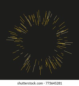 Gold fireworks. The sun's rays, lights. Radiating from the center of thin beams, lines. Vector illustration. Dynamic style. Abstract explosion, speed motion lines from the middle, radiating sharp 