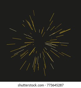 Gold fireworks. The sun's rays, lights. Radiating from the center of thin beams, lines. Vector illustration. Dynamic style. Abstract explosion, speed motion lines from the middle, radiating sharp