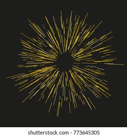 Gold fireworks. The sun's rays, lights. Radiating from the center of thin beams, lines. Vector illustration. Dynamic style. Abstract explosion, speed motion lines from the middle, radiating sharp