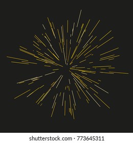Gold fireworks. The sun's rays, lights. Radiating from the center of thin beams, lines. Vector illustration. Dynamic style. Abstract explosion, speed motion lines from the middle, radiating sharp