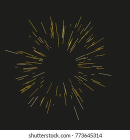 Gold fireworks. The sun's rays, lights. Radiating from the center of thin beams, lines. Vector illustration. Dynamic style. Abstract explosion, speed motion lines from the middle, radiating sharp