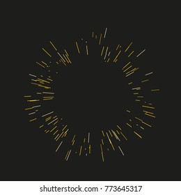 Gold fireworks. The sun's rays, lights. Radiating from the center of thin beams, lines. Vector illustration. Dynamic style. Abstract explosion, speed motion lines from the middle, radiating sharp
