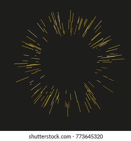 Gold fireworks. The sun's rays, lights. Radiating from the center of thin beams, lines. Vector illustration. Dynamic style. Abstract explosion, speed motion lines from the middle, radiating sharp