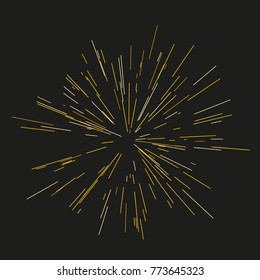 Gold fireworks. The sun's rays, lights. Radiating from the center of thin beams, lines. Vector illustration. Dynamic style. Abstract explosion, speed motion lines from the middle, radiating sharp