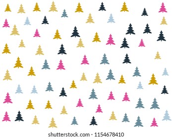 Gold firs landscape for christmas card background. Forest panorama with pink gold blue christmas trees vector landscape illustration. Christmas background design with fir trees, spruce silhouettes.