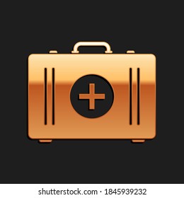 Gold First aid kit icon isolated on black background. Medical box with cross. Medical equipment for emergency. Healthcare concept. Long shadow style. Vector.