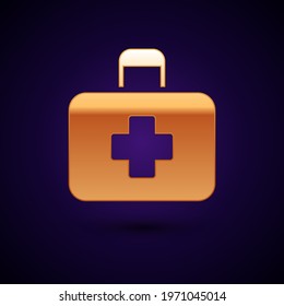Gold First aid kit icon isolated on black background. Medical box with cross. Medical equipment for emergency. Healthcare concept.  Vector Illustration