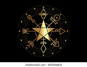 Gold First Pentacle of Venus, seals magical talisman. Sacred geometry. Golden Vegvisir compass mystical Characters of Venus amulet, logo, prints. Stock vector illustration isolated black background 