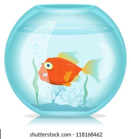 Gold Fish In Aquarium/ Illustration of a funny cartoon single happy gold fish living in the aquarium