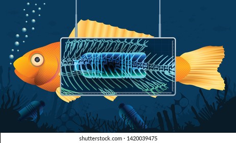 Gold fish behind an X-ray screen showing a plastic bottle inside the fish's stomach in a blue underwater background contaminated with bottles and pieces of plastic. Vector image