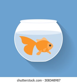 Gold Fish In Bowl, Flat Design With Long Shadow