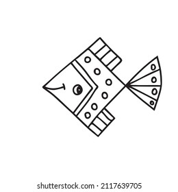 Gold fish. In cartoon style. Funny fish in the underwater world. Sketch of adult or child anti-stress coloring, line drawing, logo for tattoo with doodle, zentangle.