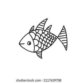 Gold fish. In cartoon style. Funny fish in the underwater world. Sketch of adult or child anti-stress coloring, line drawing, logo for tattoo with doodle, zentangle.
