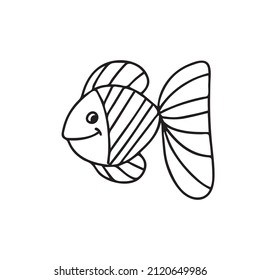 Gold fish. In cartoon style. Funny fish in the underwater world. Sketch of adult or child anti-stress coloring, line drawing, logo for tattoo with doodle, zentangle