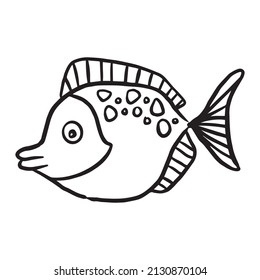 Gold fish. In cartoon style. Funny fish in the underwater world. Sketch of adult or child anti-stress coloring, line drawing, logo for tattoo with doodle, zentangle.