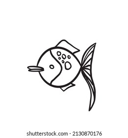 Gold fish. In cartoon style. Funny fish in the underwater world. Sketch of adult or child anti-stress coloring, line drawing, logo for tattoo with doodle, zentangle.