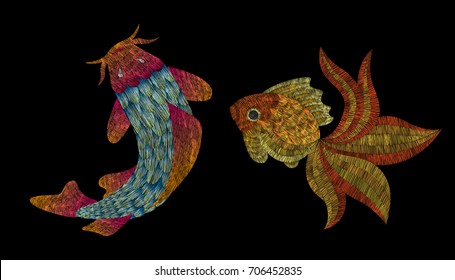 gold fish and catfaish. Traditional folk stylish stylish floral embroidery on the black background. Sketch for printing on fabric, clothing, bag, accessories and design. Vector, trend