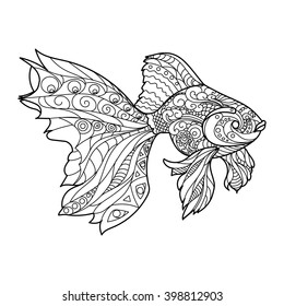 Gold fish coloring book for adults vector illustration. Anti-stress coloring for adult. Zentangle style. Black and white lines. Lace pattern