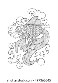 Gold fish coloring book for adults vector illustration. Anti-stress coloring for adult. Tattoo stencil. Zentangle style. Black and white lines. Lace pattern