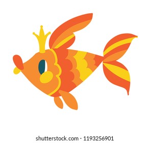 Gold fish with crown. Hand drawn illustration of Pushkin fairy tail isolated on white.