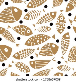 Gold fish. Cute vector line seamless pattern. Endless pattern can be used for ceramic tile, wallpaper, linoleum, textile, web page background.