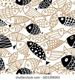 Gold fish. Cute vector line seamless pattern. Endless pattern can be used for ceramic tile, wallpaper, linoleum, textile, web page background.