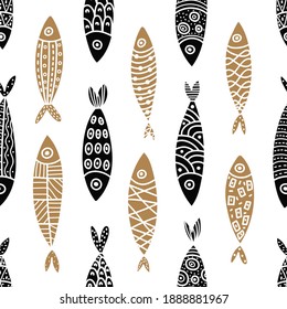 Gold fish. Cute vector line seamless pattern. Endless pattern can be used for ceramic tile, wallpaper, linoleum, textile, web page background.