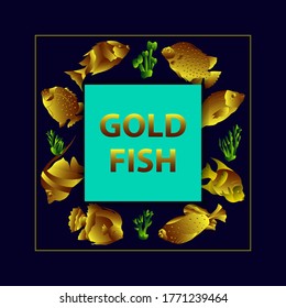 Gold Fish Dark Poster. Vector Illustration of Sea Banner.