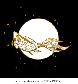 Gold fish. Decorative abstract fish, with golden scales.Rich, luxurious design element. Wallpaper, fabric design, astrology, mysticism