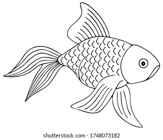 Gold Fish. Fan Tail. Vector Illustration. Outline On A White Isolated Background. The Inhabitant Of The Pond And Aquarium. Hand Drawing Style. Sketch. Pet Coloring Book For Children And Adults. 