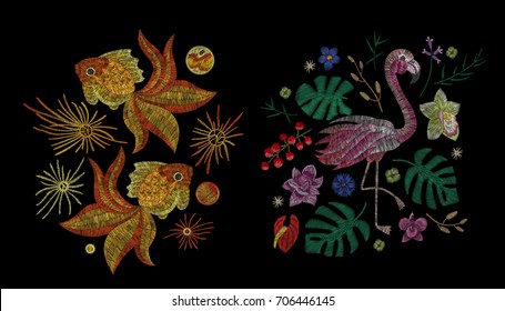 gold fish and flamingo. Traditional folk stylish stylish floral embroidery on the black background. Sketch for printing on fabric, clothing, bag, accessories and design. Vector, trend