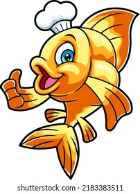 Gold Fish Or Goldfish Chef Cartoon Character Showing Thumbs Up. Vector Hand Drawn Illustration Isolated On White Background