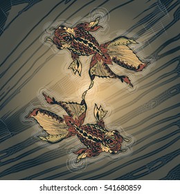 Gold fish hand drawn tattoo vector illustration in Chinese Asian style.
