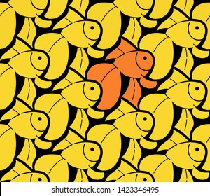 Gold fish and individuality, background in Escher style, seamless pattern vector illustration