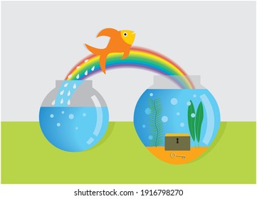 Gold fish jumping to better environment with more exciting surrondings. Vector illustration