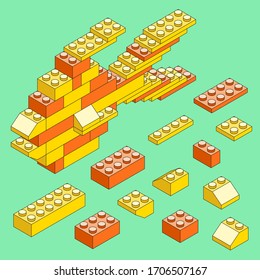 Gold fish made of blocks. Isometric constructor. Blocks and elements to create funny figures. Flat design.