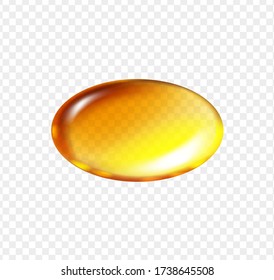Gold fish oil oval pill. Vitamin E, A or omega 3 oil cosmetic capsule. Golden jelly fish oil tablet. Vector realistic.