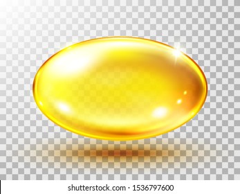 Gold fish oil pill isolated on transparent. Omega-3 gel capsule. Jelly fish oil tablet.