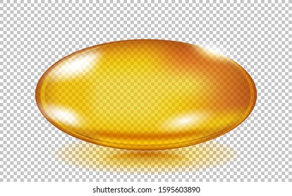 Gold fish oil pill isolated on transparent. Oil capsule oval form. Cosmetic capsule of vitamin E, A or omega 3 oil. Omega-3 gel capsule. 
