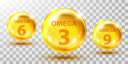 Gold, Fish Oil Pills Isolated On Transparent. Omega 3, 6 And 9 Gel Capsule. Jelly Fish Oil Tablet.